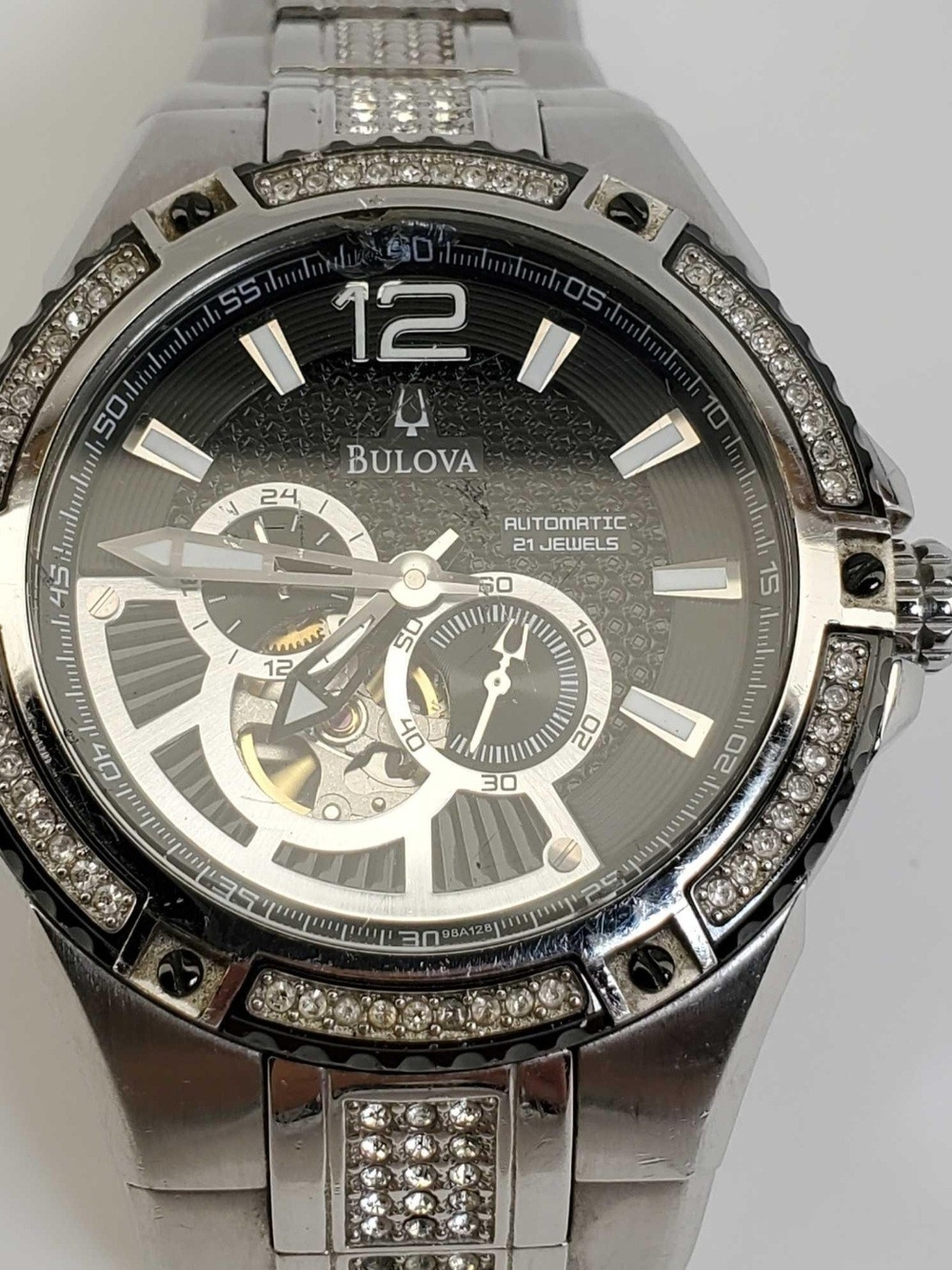 Bulova Men's Silver Automatic Watch with Crystal Accents - Black Dial - 21 Jewel